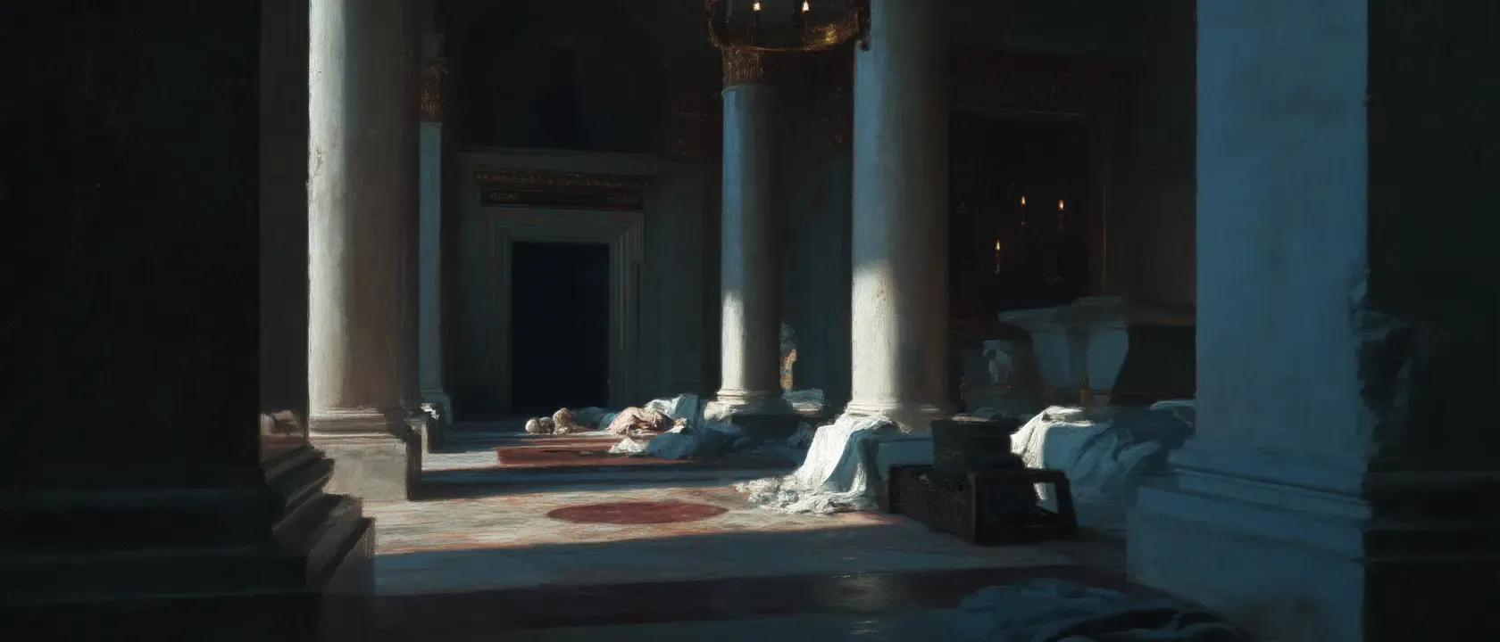 A sunlit Roman interior with columns, statues and draped curtains, rendered in warm light